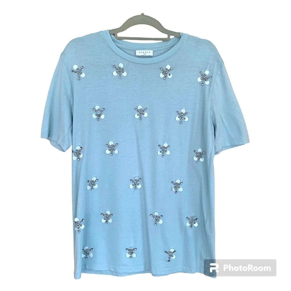 Sandro Paris Womens Flower Beaded Baby Blue T-shirt, size 2